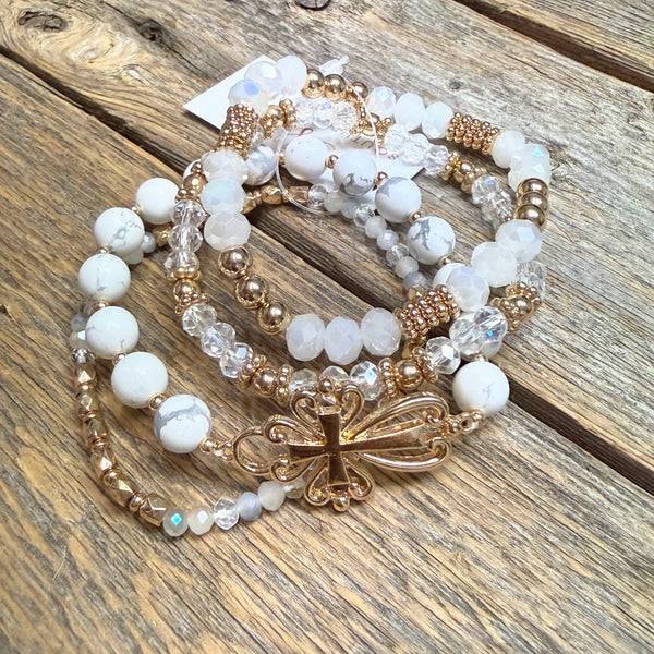 Beaded Ornate Cross Stretch Bracelet Set | White/Gold