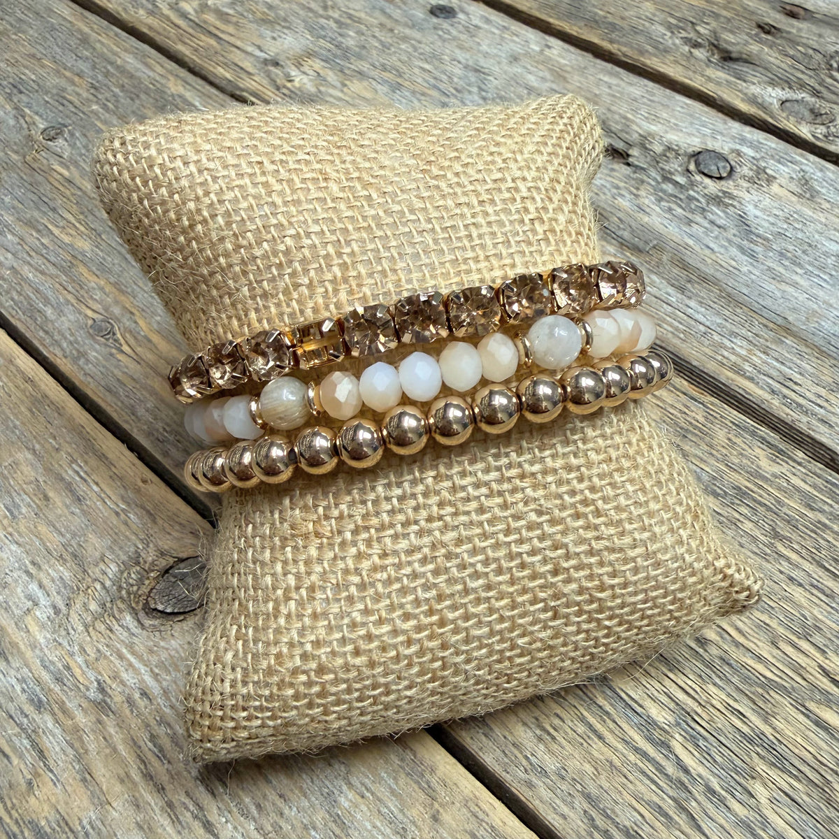 Beaded Stretch Bracelet Set | Natural Crystal/Gold