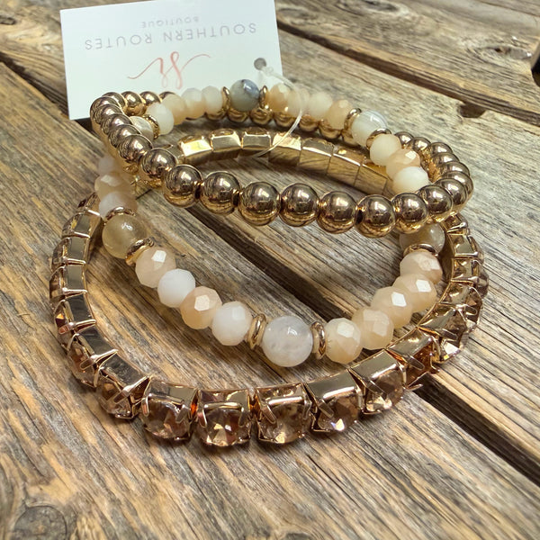 Beaded Stretch Bracelet Set | Natural Crystal/Gold