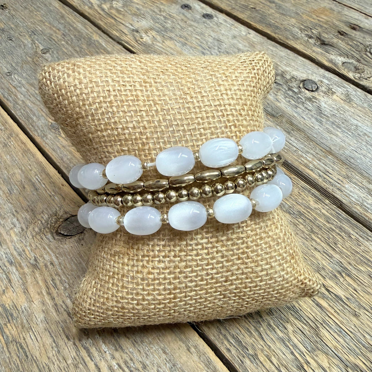 Beaded Stretch Bracelet Set | White/Gold