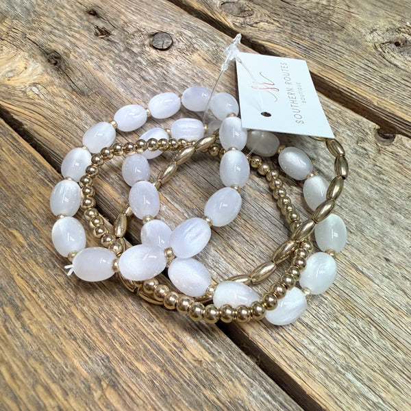 Beaded Stretch Bracelet Set | White/Gold