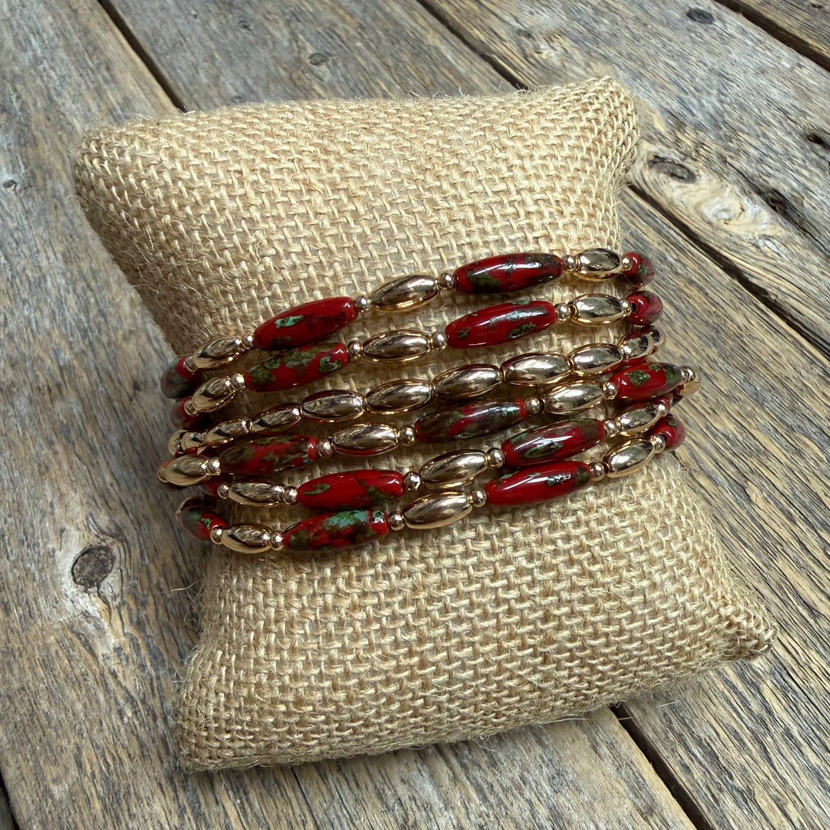 Beaded Stretch Bracelet Set | Berry Red/Green
