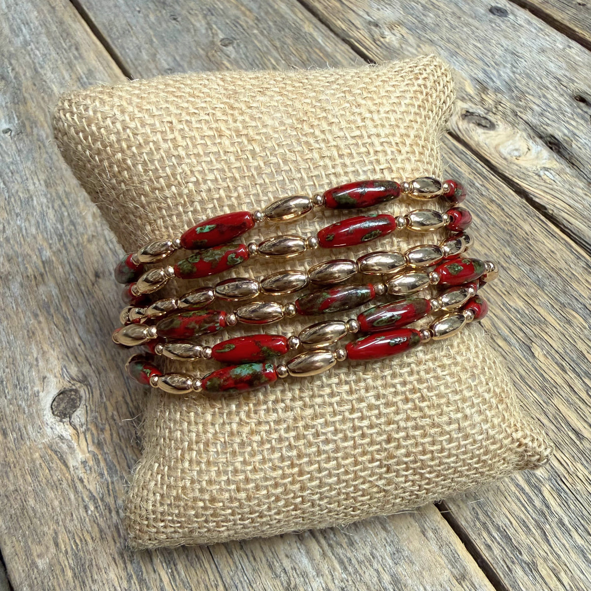 Beaded Stretch Bracelet Set | Berry Red/Green