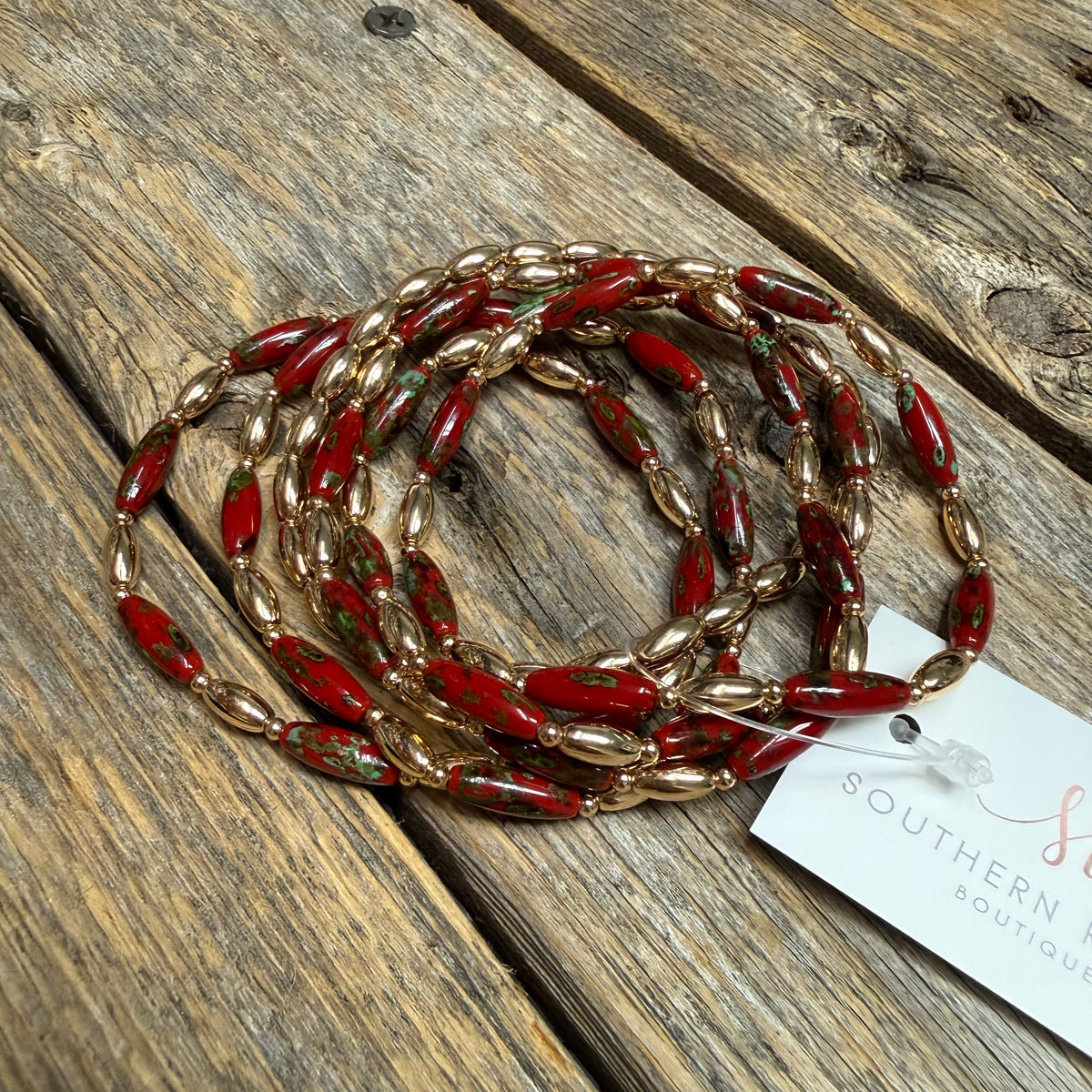 Beaded Stretch Bracelet Set | Berry Red/Green