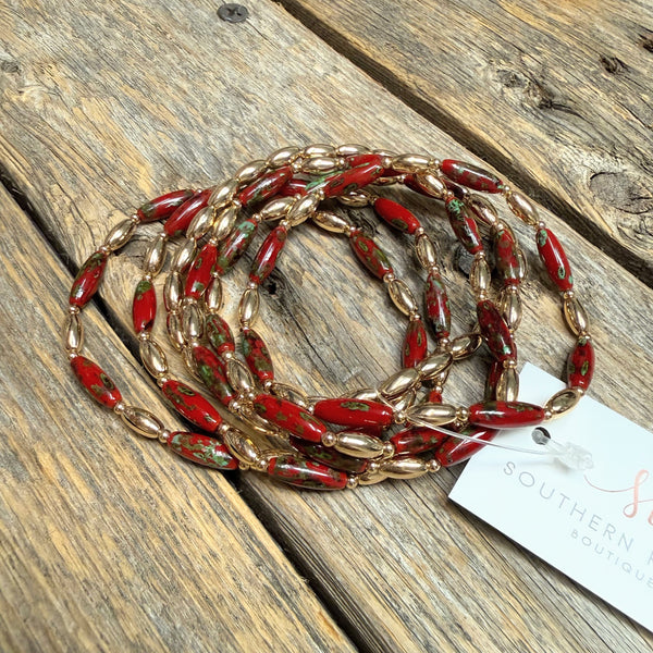 Beaded Stretch Bracelet Set | Berry Red/Green