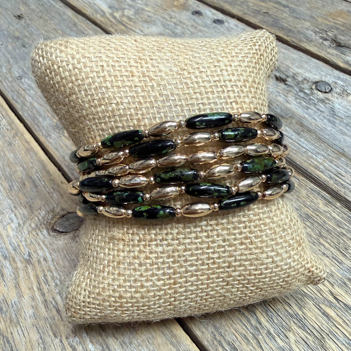 Beaded Stretch Bracelet Set | Black/Olive