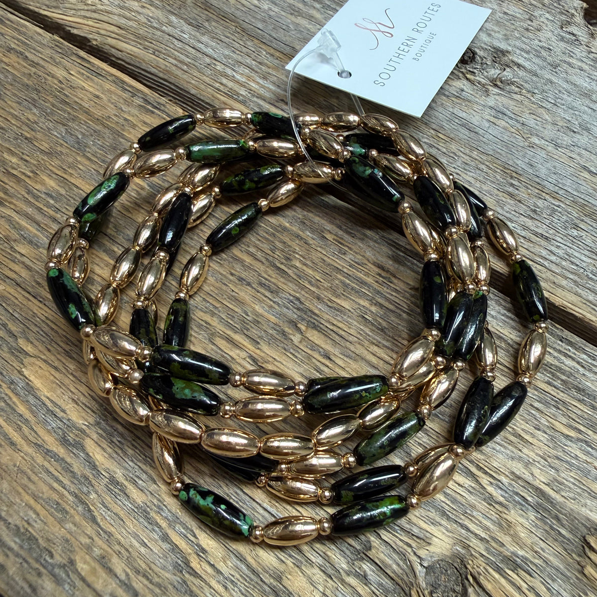 Beaded Stretch Bracelet Set | Black/Olive