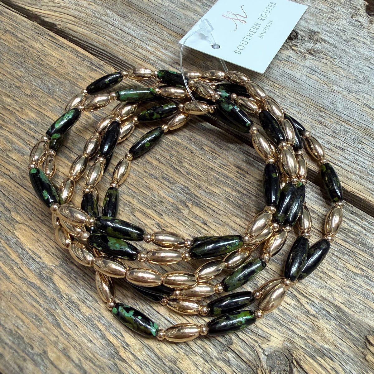 Beaded Stretch Bracelet Set | Black/Olive