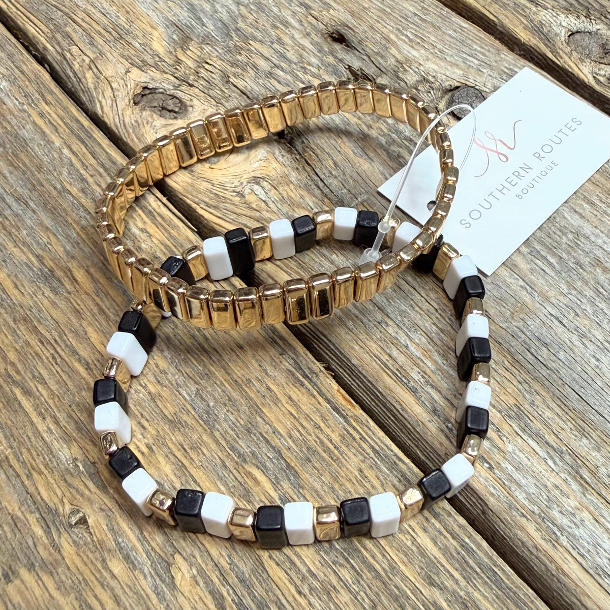 Beaded Stretch Bracelet Set | Gold/Black