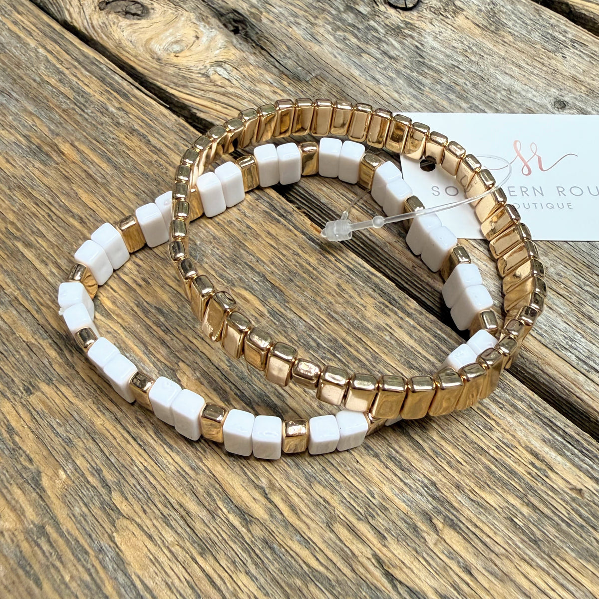 Beaded Stretch Bracelet Set | Gold/White