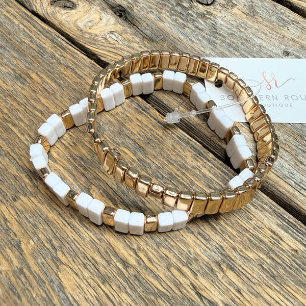 Beaded Stretch Bracelet Set | Gold/White