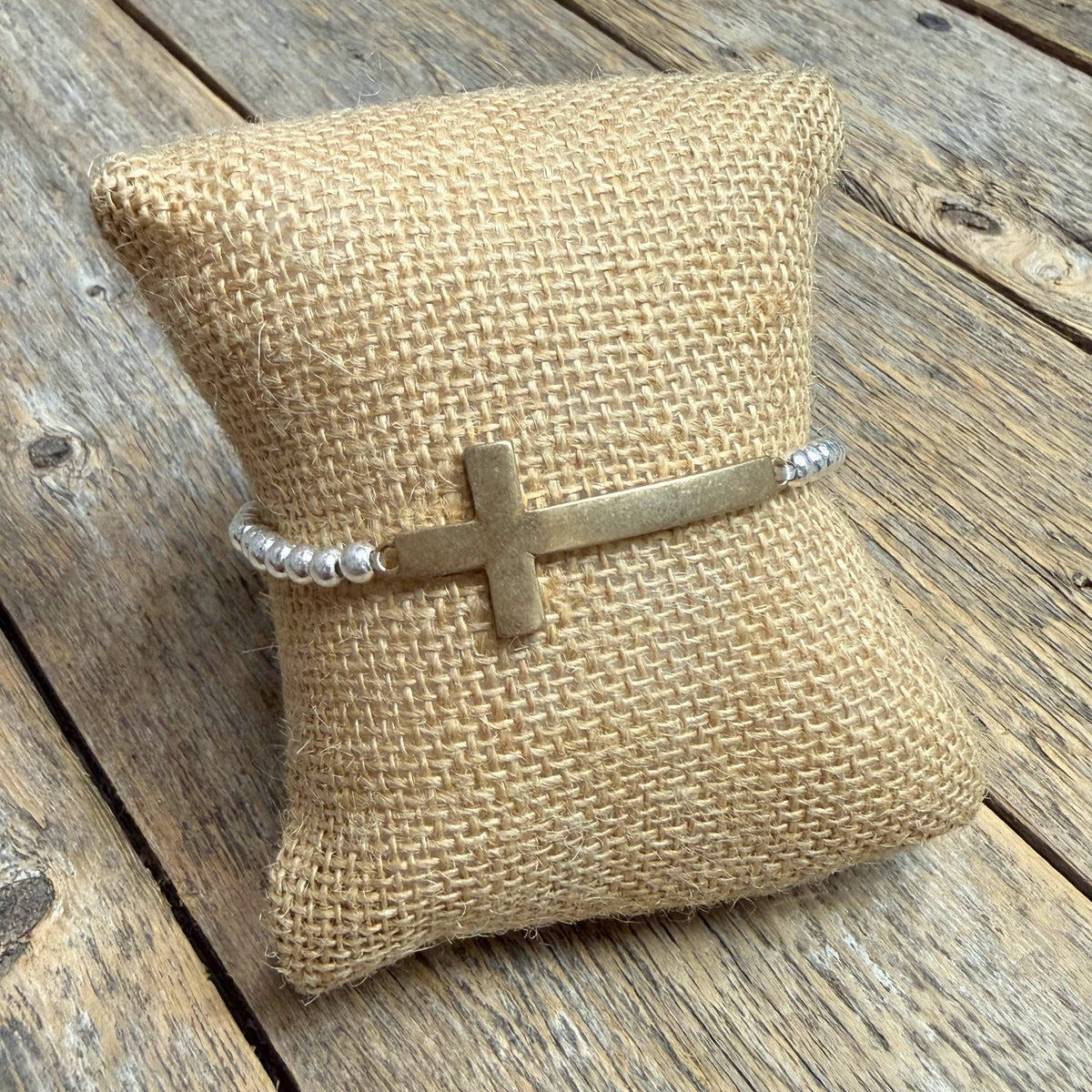 Cross Stretch Beaded Bracelet | Silver