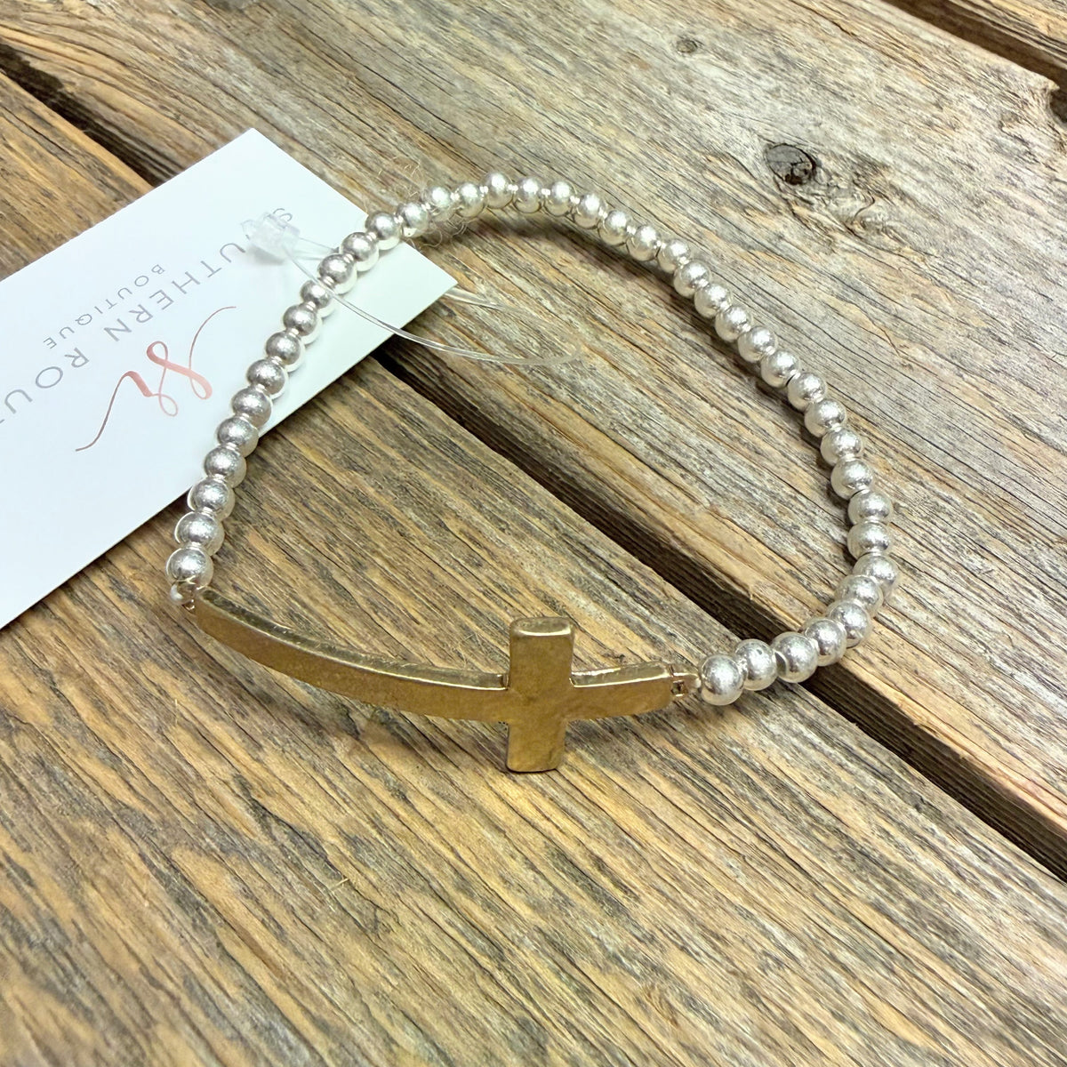 Cross Stretch Beaded Bracelet | Silver