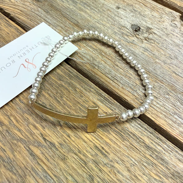 Cross Stretch Beaded Bracelet | Silver