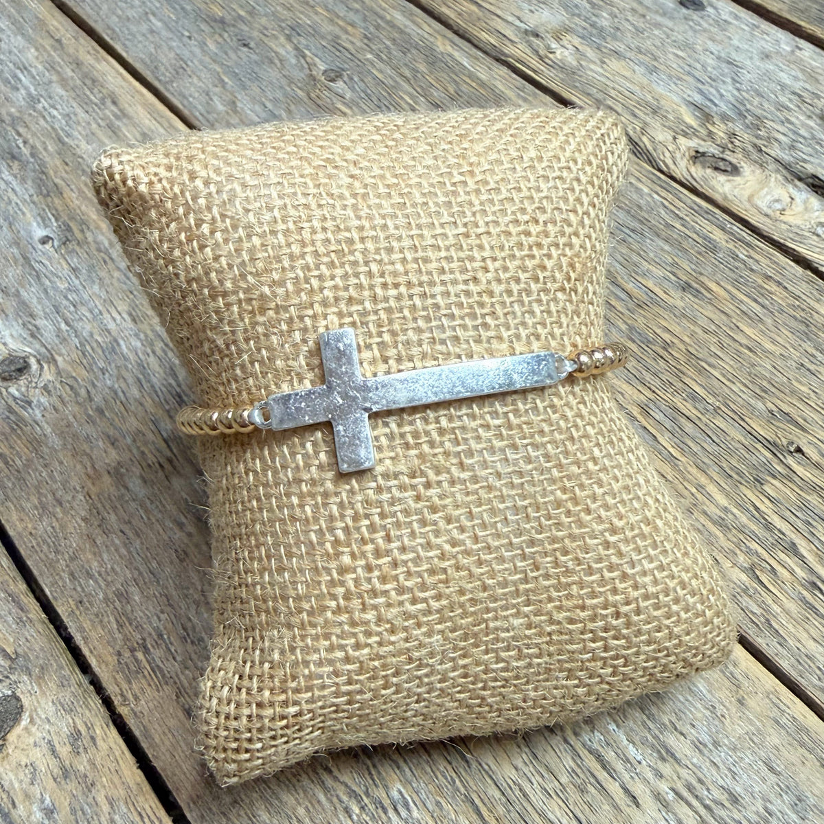 Cross Stretch Beaded Bracelet | Gold