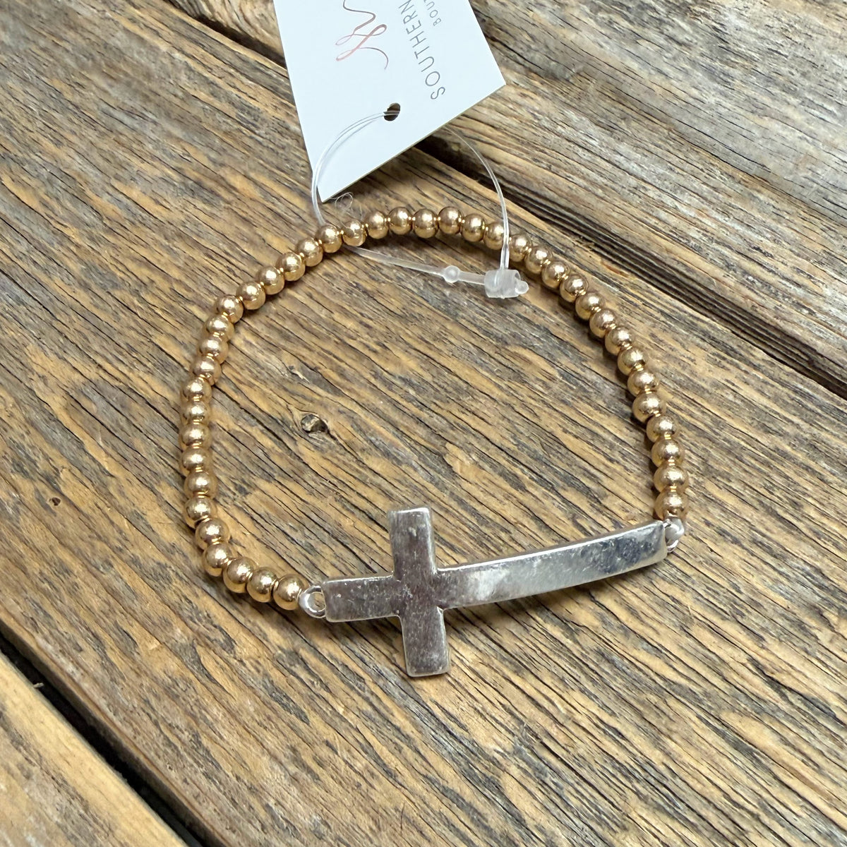 Cross Stretch Beaded Bracelet | Gold