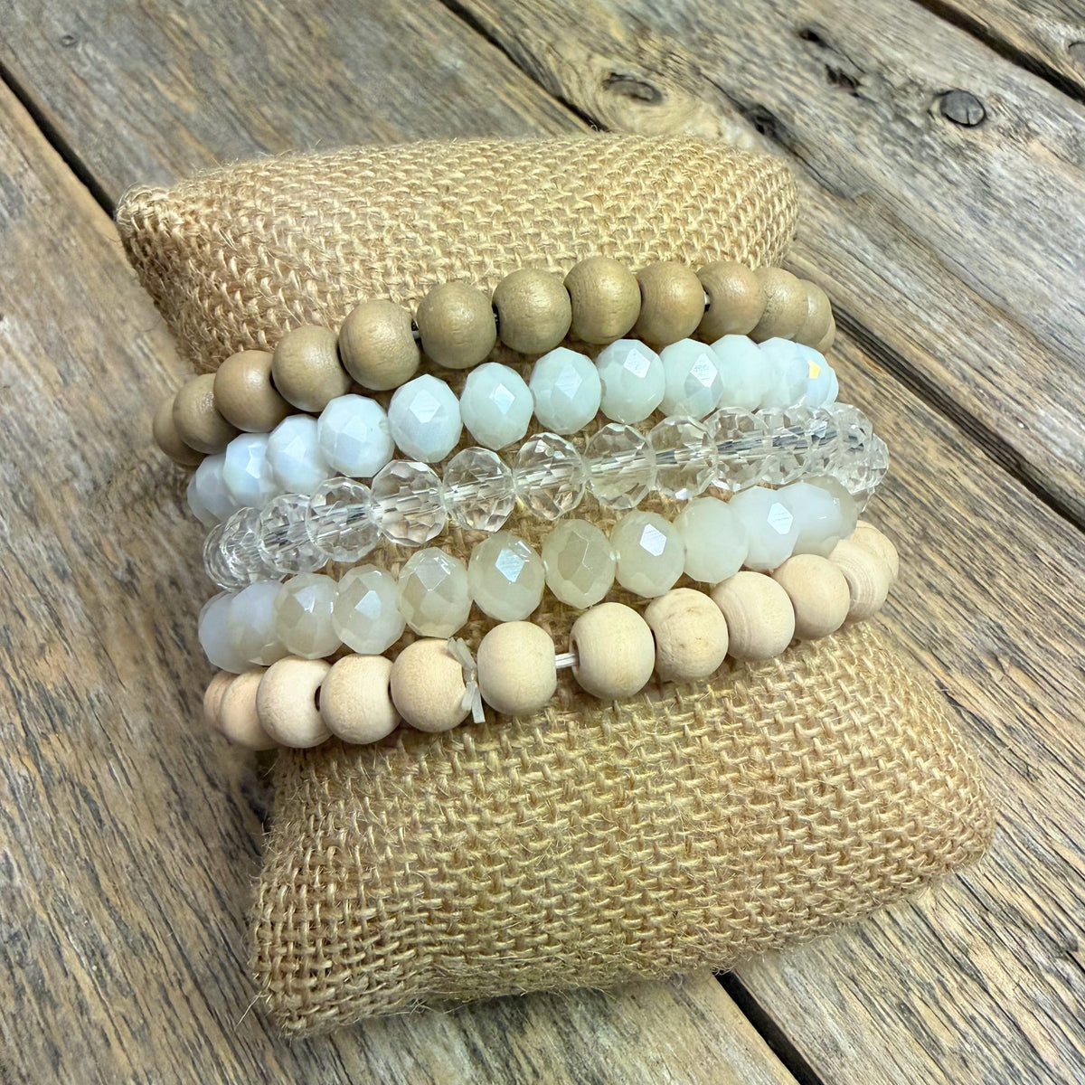 Beaded Stretch Bracelet Set | Neutral/White Mix