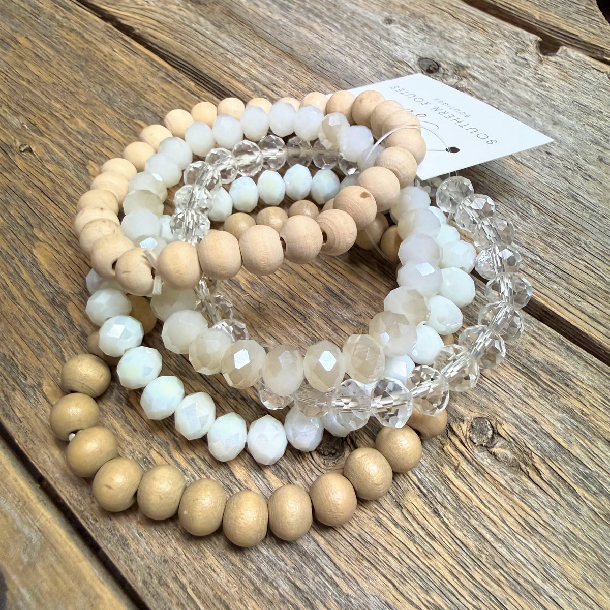 Beaded Stretch Bracelet Set | Neutral/White Mix