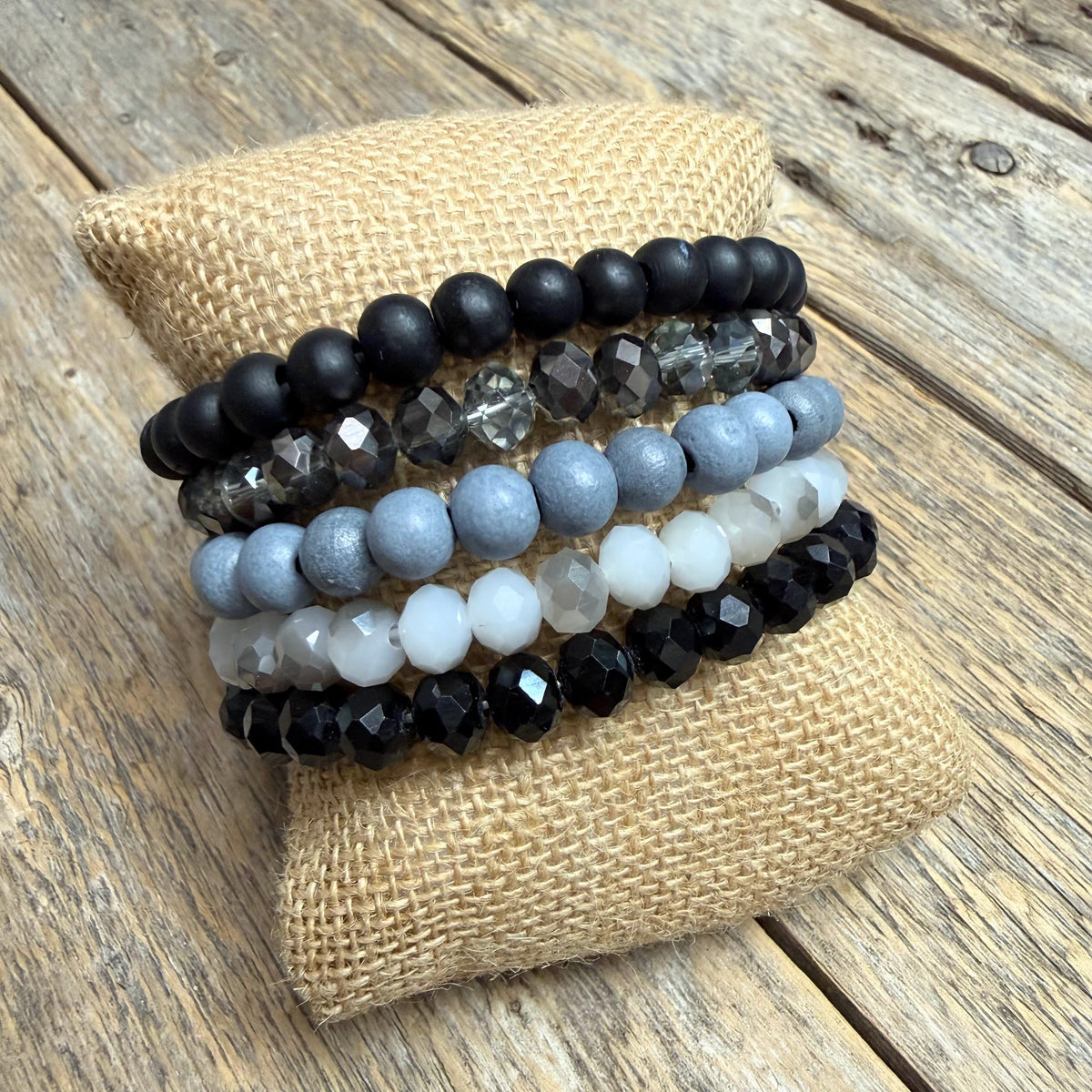 Beaded Stretch Bracelet Set | Black/Grey Mix