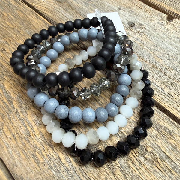 Beaded Stretch Bracelet Set | Black/Grey Mix
