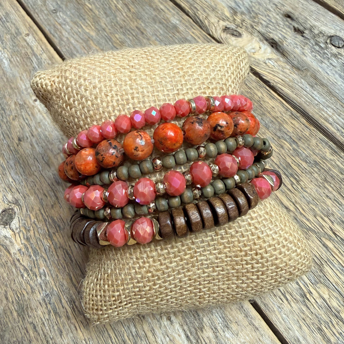 Beaded Stretch Bracelet Set | Berry/Gold/Wood
