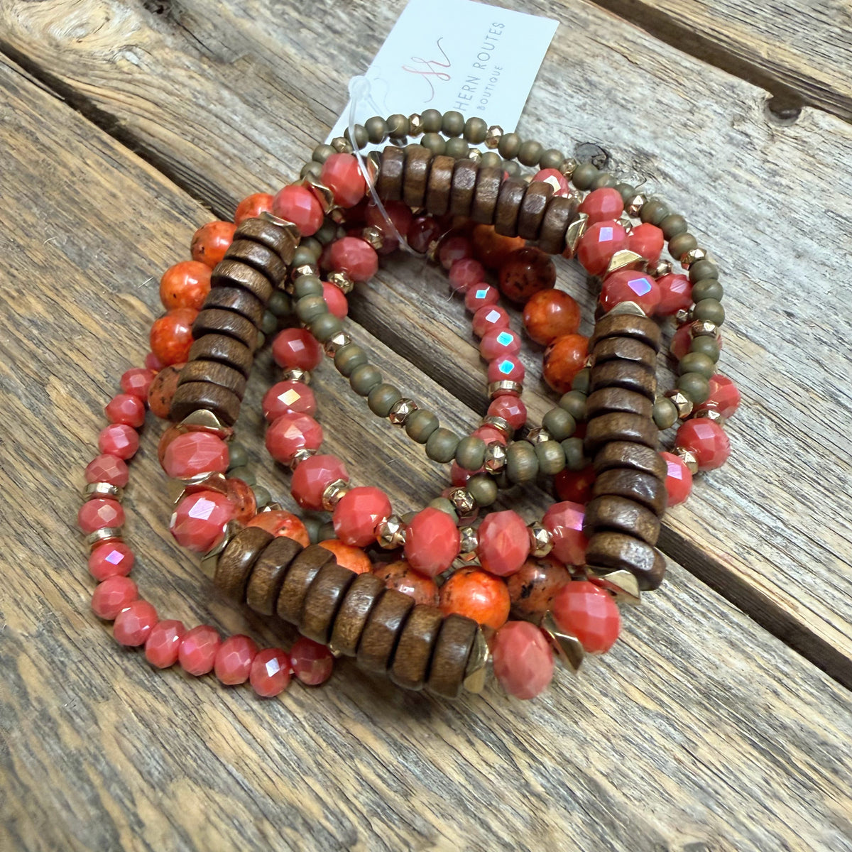 Beaded Stretch Bracelet Set | Berry/Gold/Wood