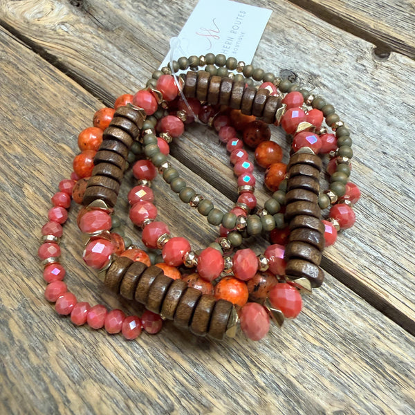 Beaded Stretch Bracelet Set | Berry/Gold/Wood