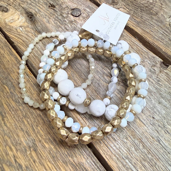 Beaded Stretch Bracelet Set | White/Gold