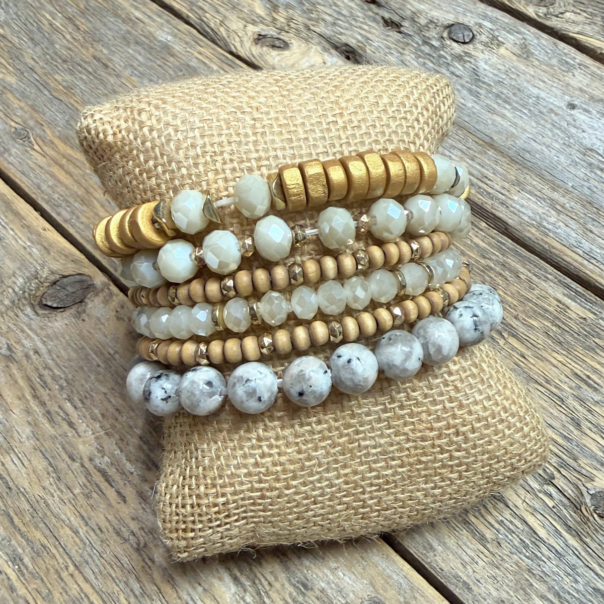 Beaded Stretch Bracelet Set | Greige/Gold/Wood