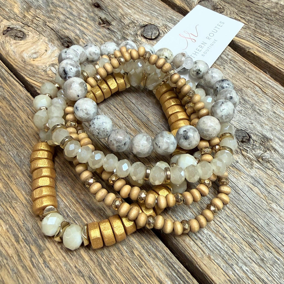 Beaded Stretch Bracelet Set | Greige/Gold/Wood