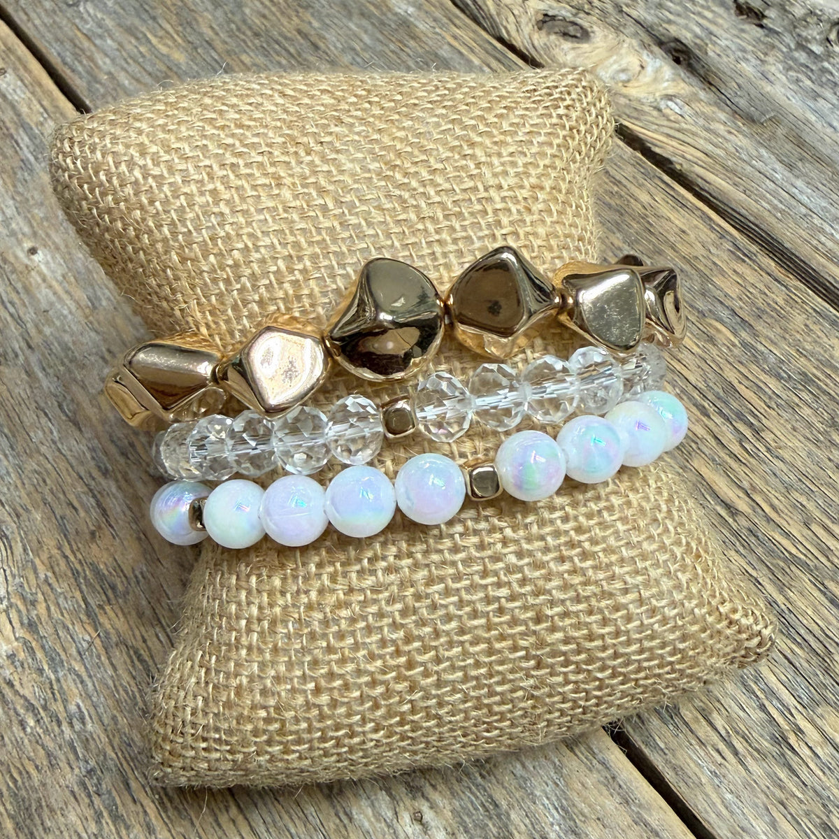 Beaded Stretch Bracelet Set | White Iridescent/Gold