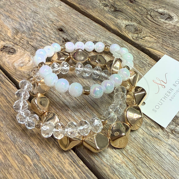 Beaded Stretch Bracelet Set | White Iridescent/Gold