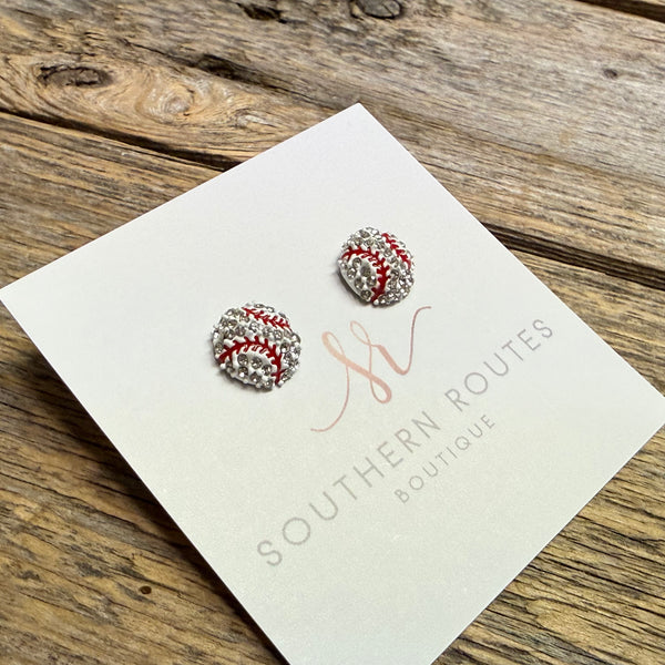 Baseball Crystal Stud Earrings | Silver