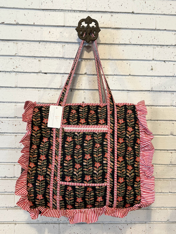 Ruffle Edge Quilted Mix Fabric Zip Tote Bag | Black Mix