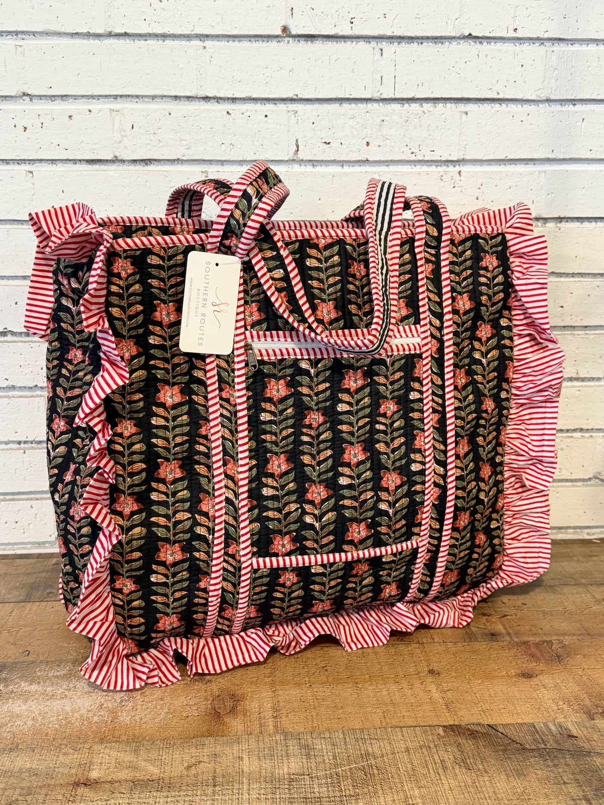 Ruffle Edge Quilted Mix Fabric Zip Tote Bag | Black Mix