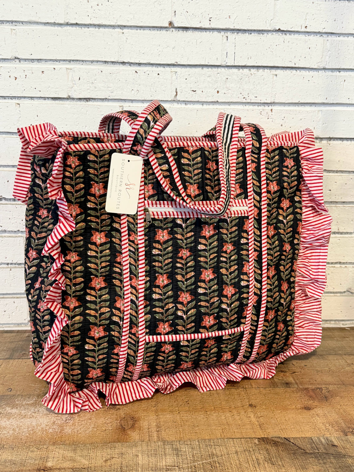 Ruffle Edge Quilted Mix Fabric Zip Tote Bag | Black Mix