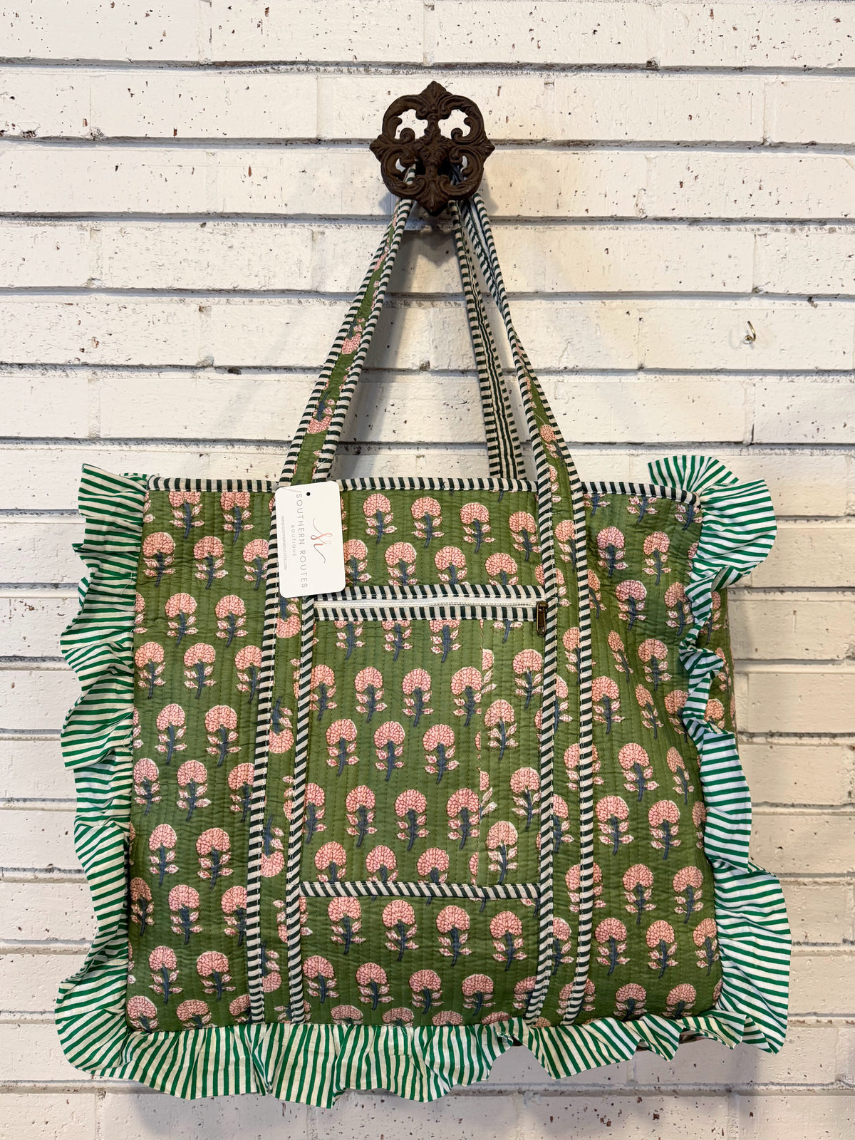 Ruffle Edge Quilted Mix Fabric Zip Tote Bag | Green Mix