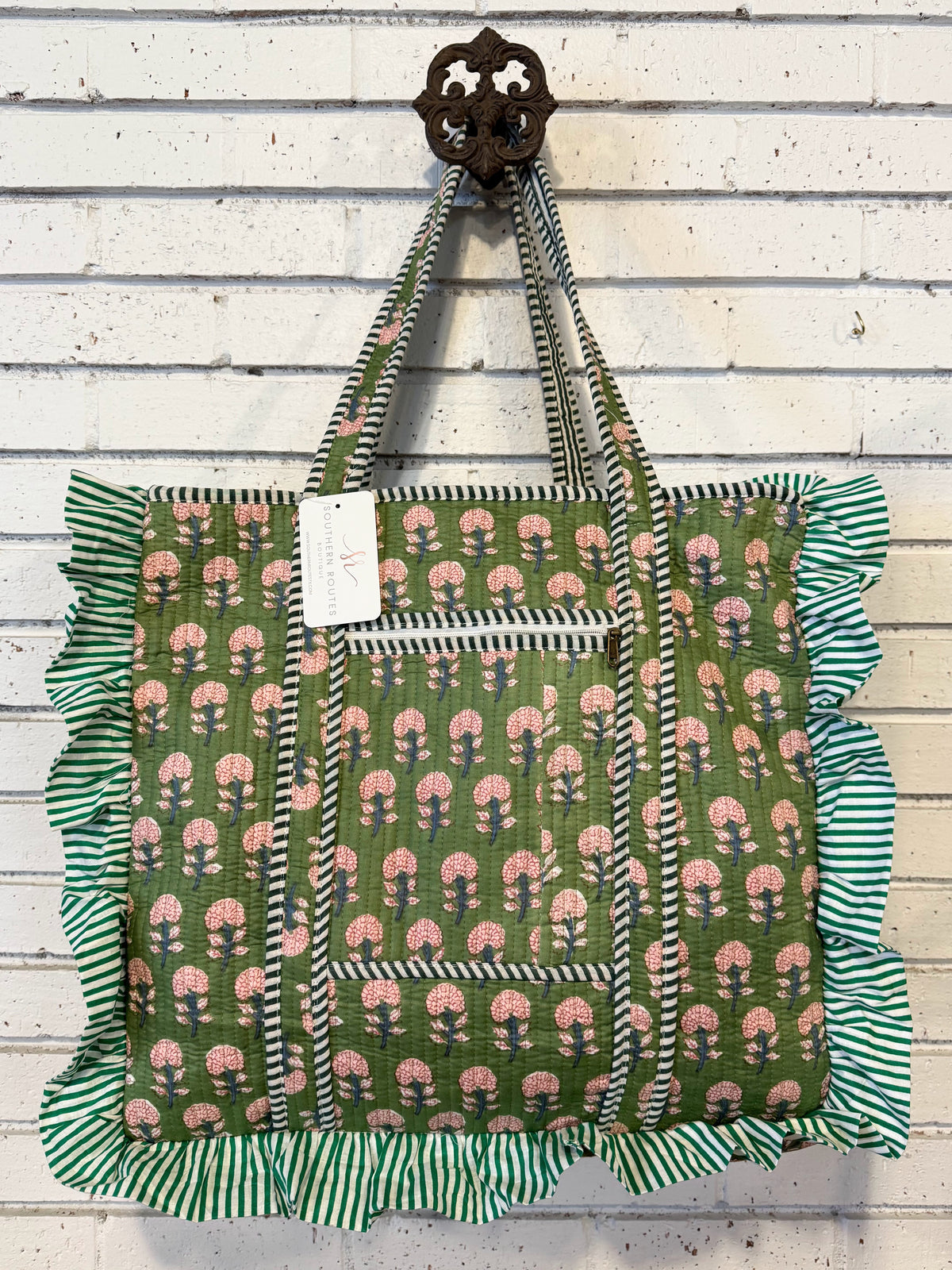 Ruffle Edge Quilted Mix Fabric Zip Tote Bag | Green Mix