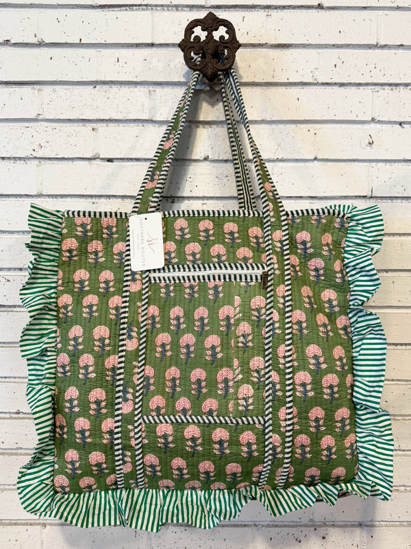 Ruffle Edge Quilted Mix Fabric Zip Tote Bag | Green Mix