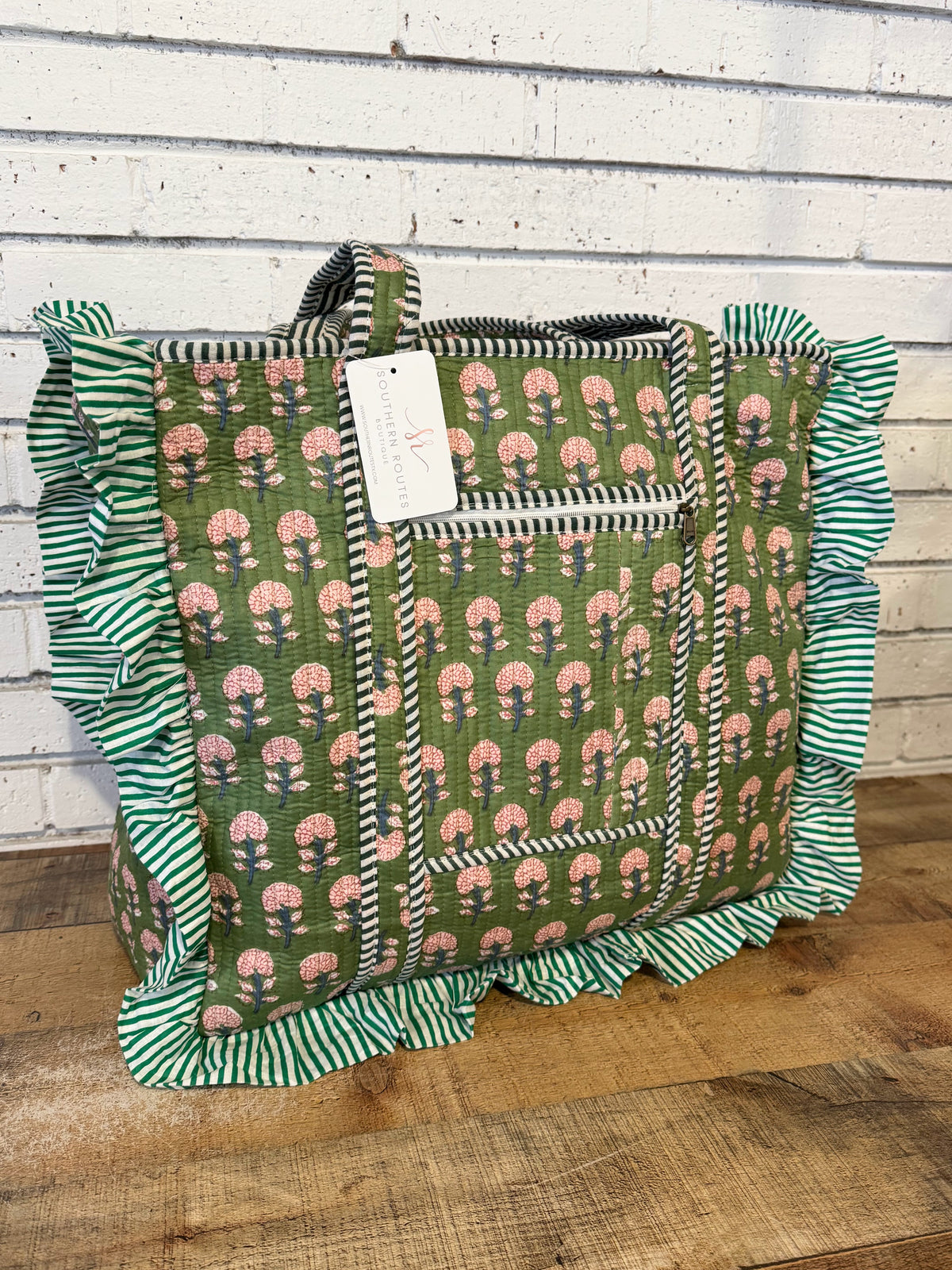 Ruffle Edge Quilted Mix Fabric Zip Tote Bag | Green Mix