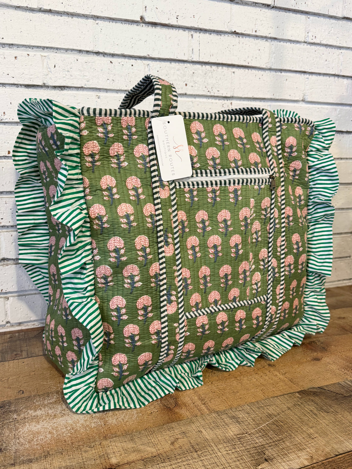 Ruffle Edge Quilted Mix Fabric Zip Tote Bag | Green Mix