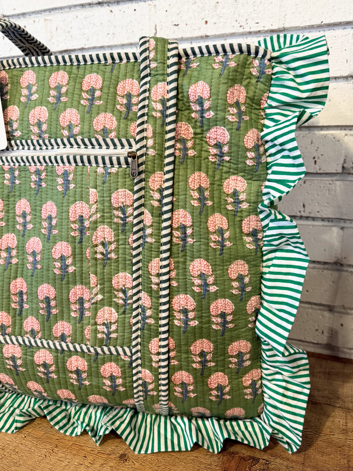 Ruffle Edge Quilted Mix Fabric Zip Tote Bag | Green Mix