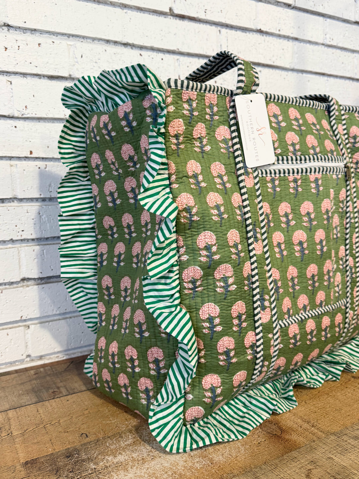 Ruffle Edge Quilted Mix Fabric Zip Tote Bag | Green Mix