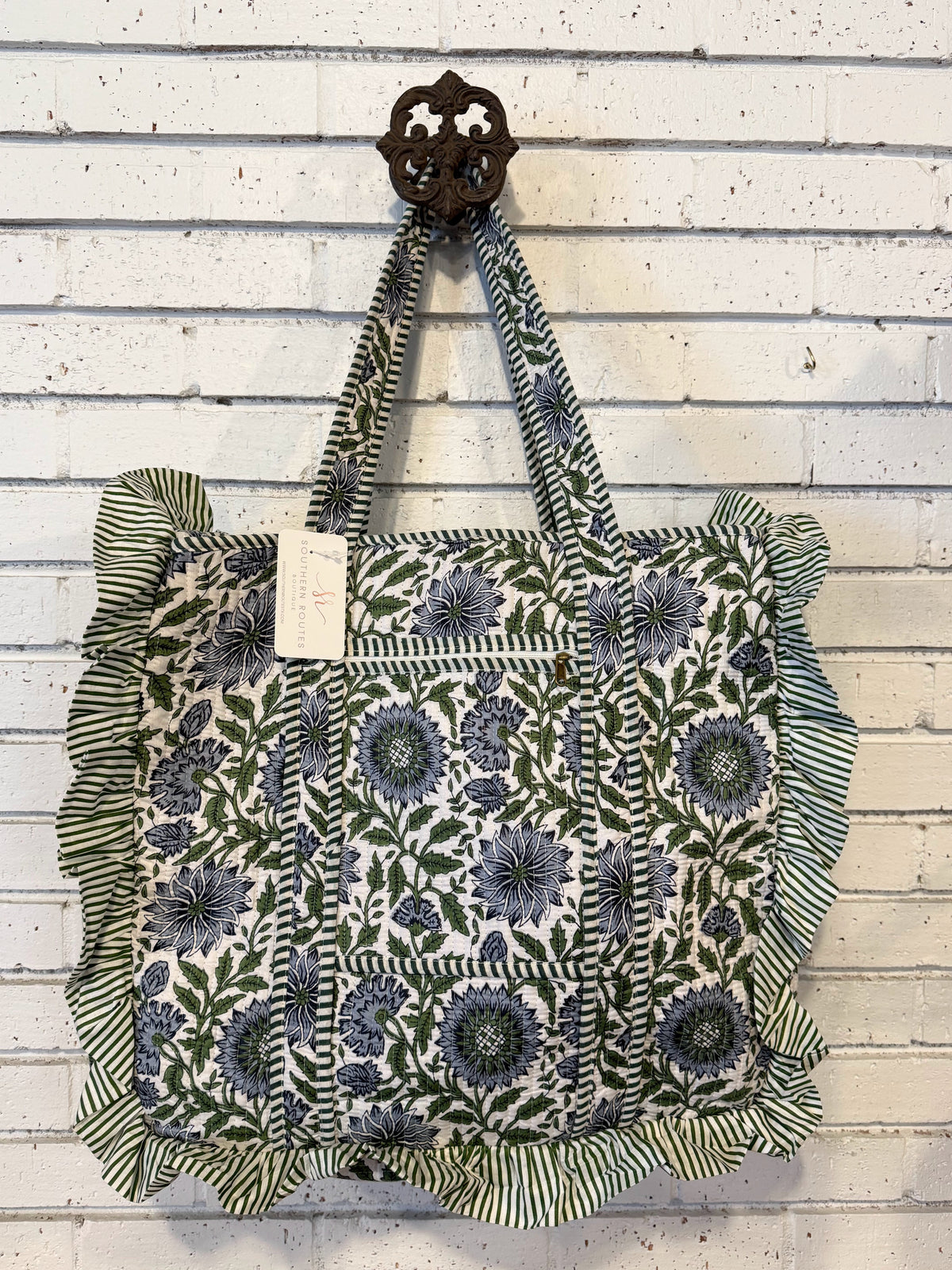 Ruffle Edge Quilted Mix Fabric Zip Tote Bag | Blue/Green Mix