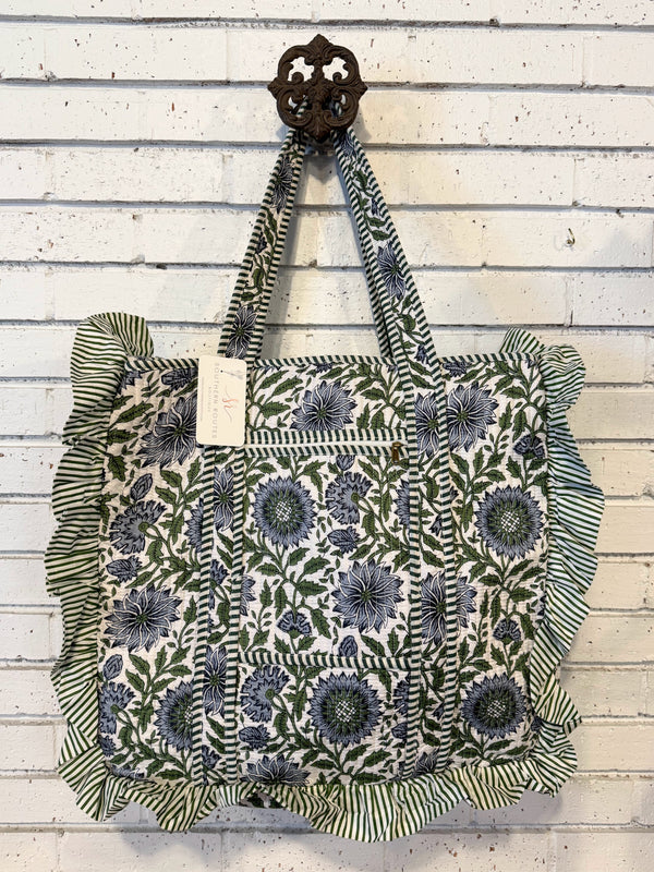 Ruffle Edge Quilted Mix Fabric Zip Tote Bag | Blue/Green Mix