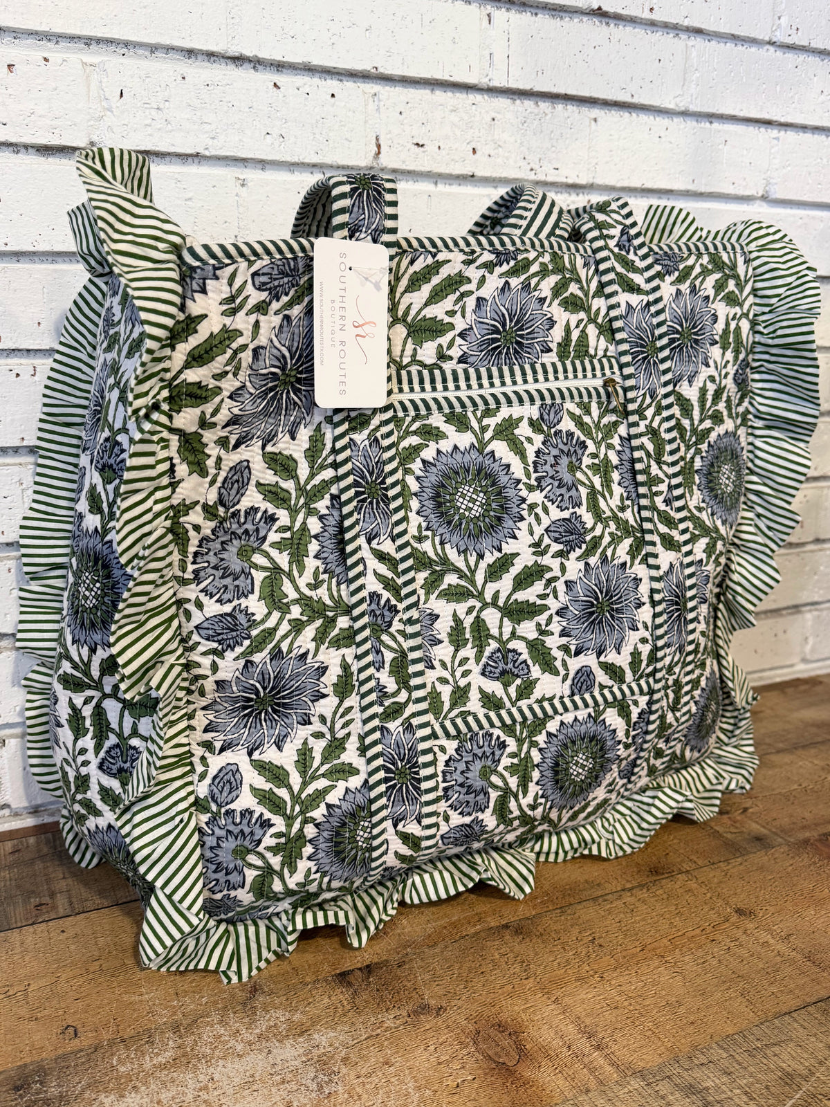 Ruffle Edge Quilted Mix Fabric Zip Tote Bag | Blue/Green Mix