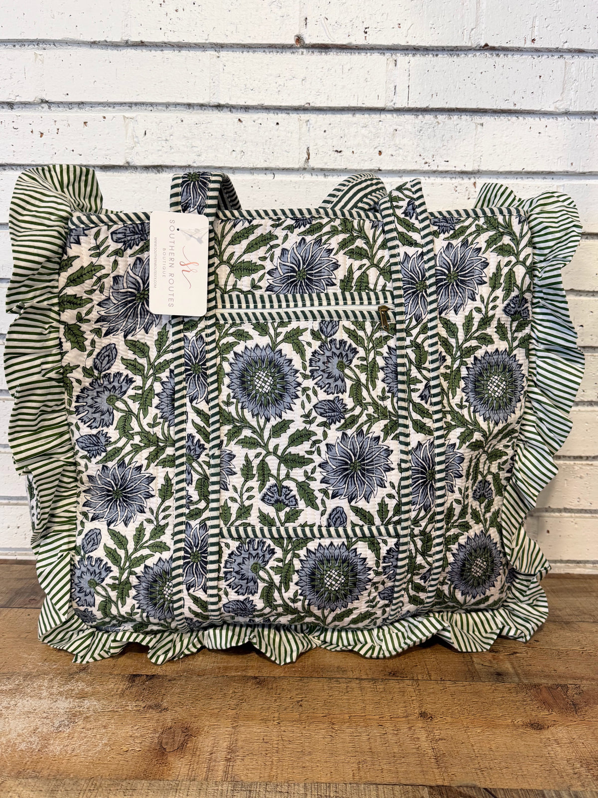 Ruffle Edge Quilted Mix Fabric Zip Tote Bag | Blue/Green Mix