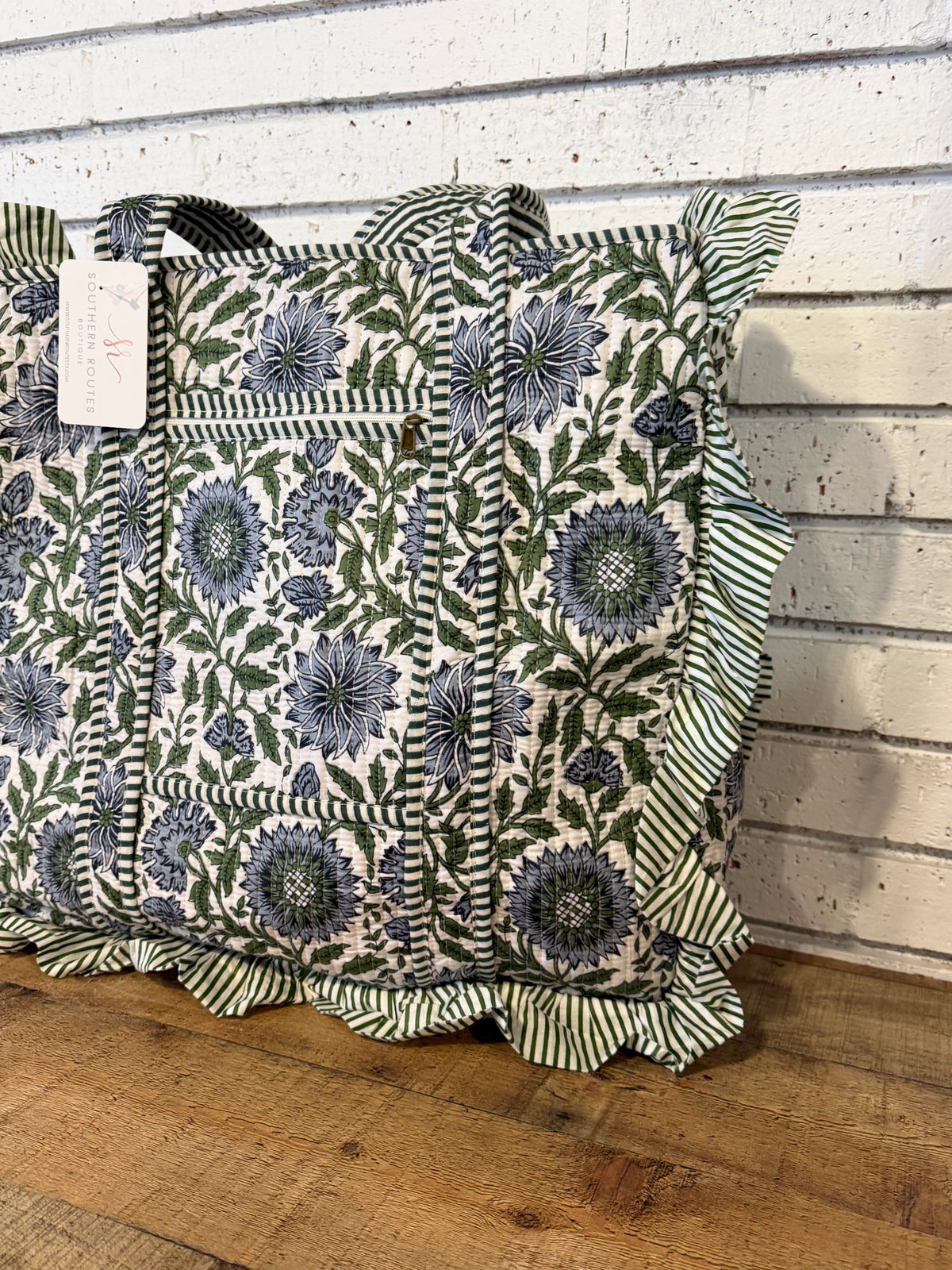 Ruffle Edge Quilted Mix Fabric Zip Tote Bag | Blue/Green Mix