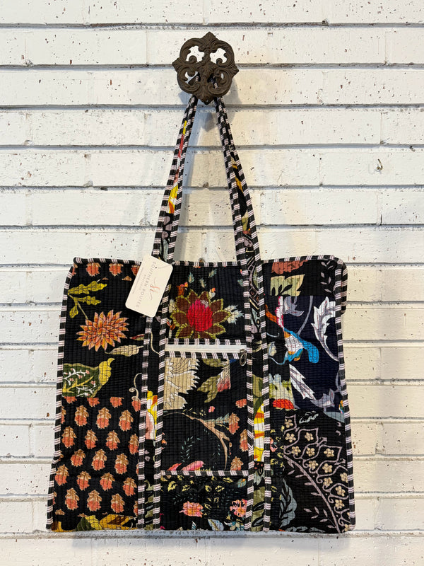 Quilted Mix Fabric Zip Tote Bag | Black Mix