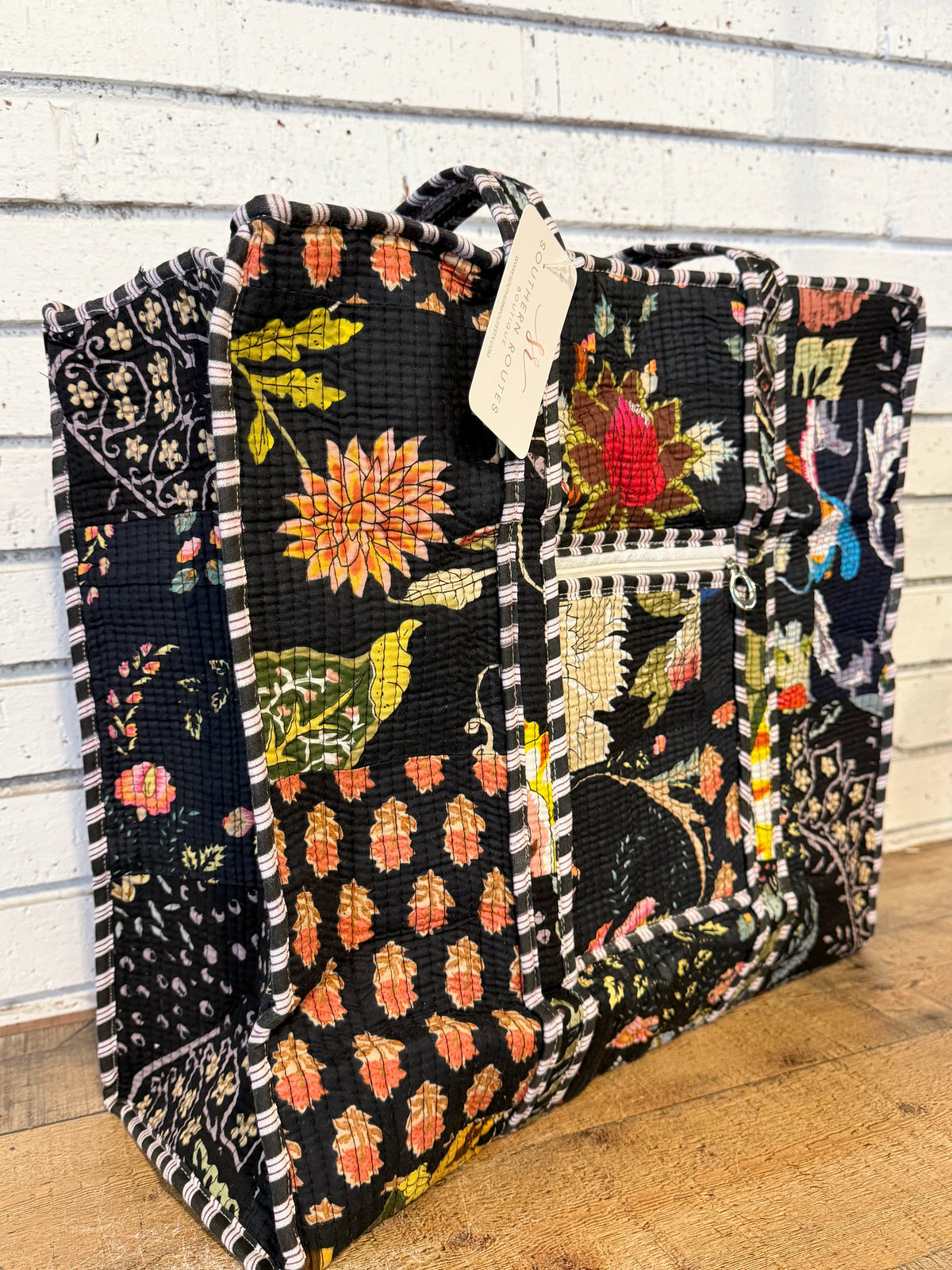 Quilted Mix Fabric Zip Tote Bag | Black Mix